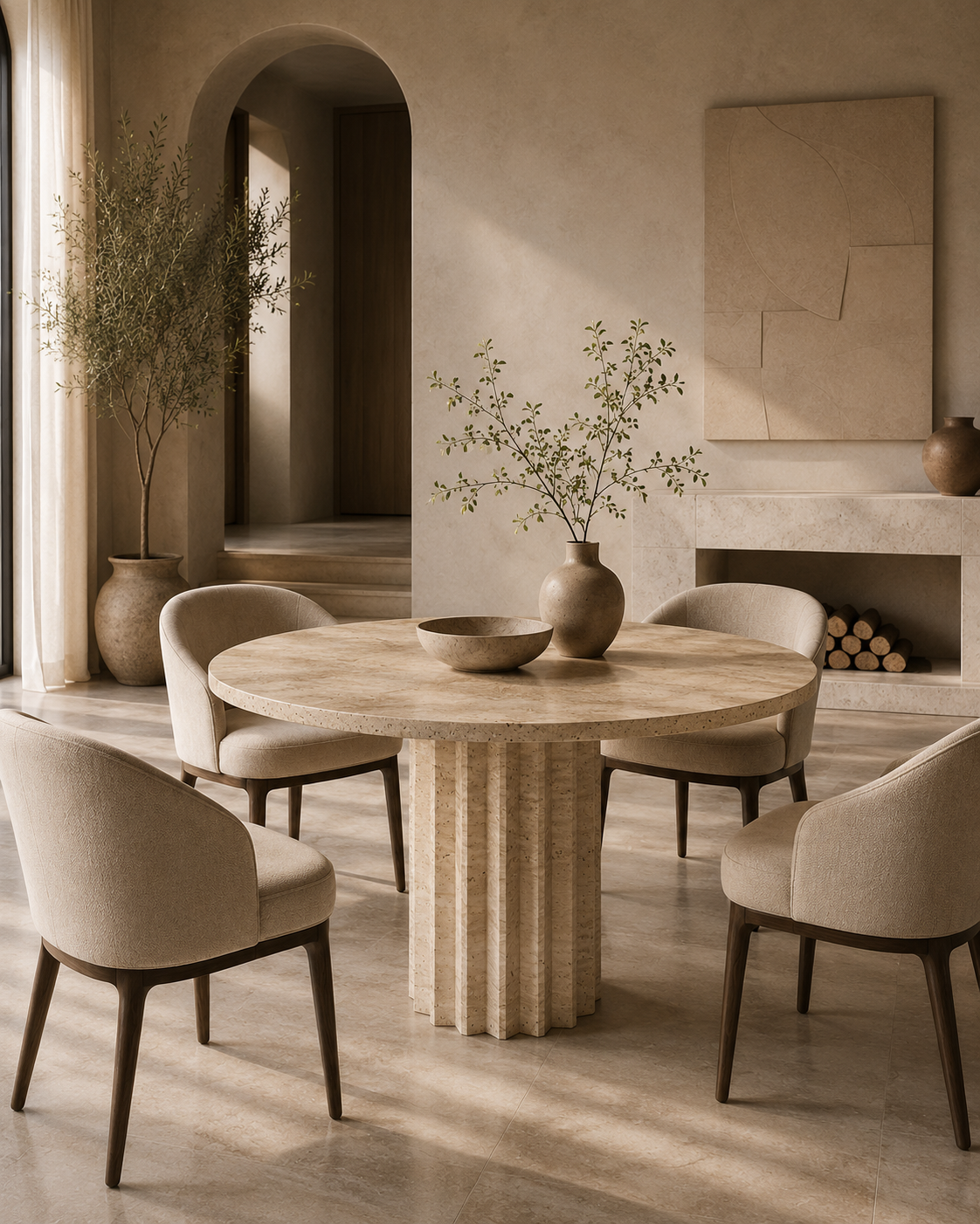 Bros Arizona travertine round dining table beside an arched doorway in a neutral interior