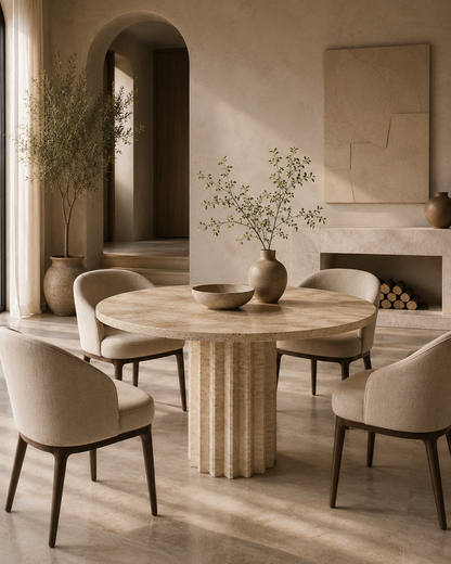 Bros Arizona travertine round dining table beside an arched doorway in a neutral interior