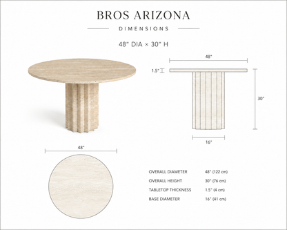 Bros Arizona travertine round dining table dimension drawing: 48 in diameter, 30 in high, 1.5 in top, 16 in base