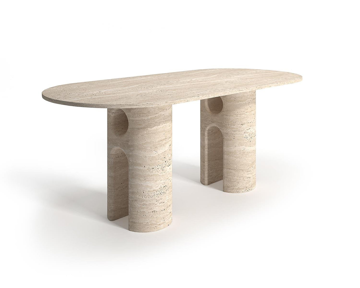Sedona travertine dining table, studio view of the oval top on two arched stone pedestals