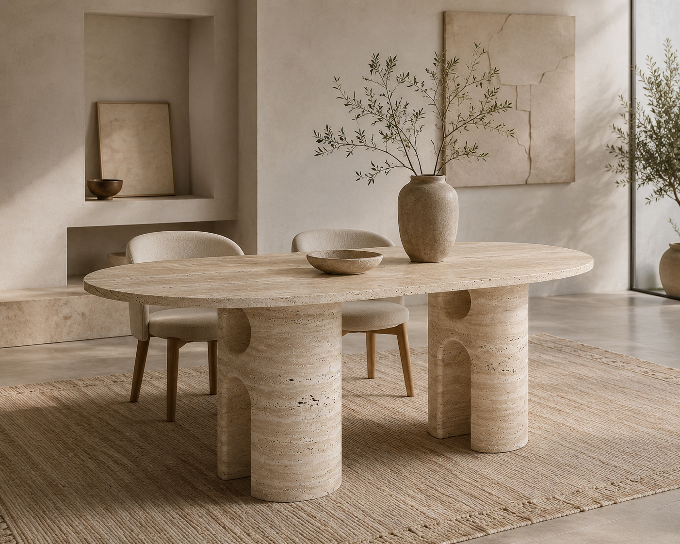 Sedona travertine dining table in a plaster-walled dining room with a woven rug
