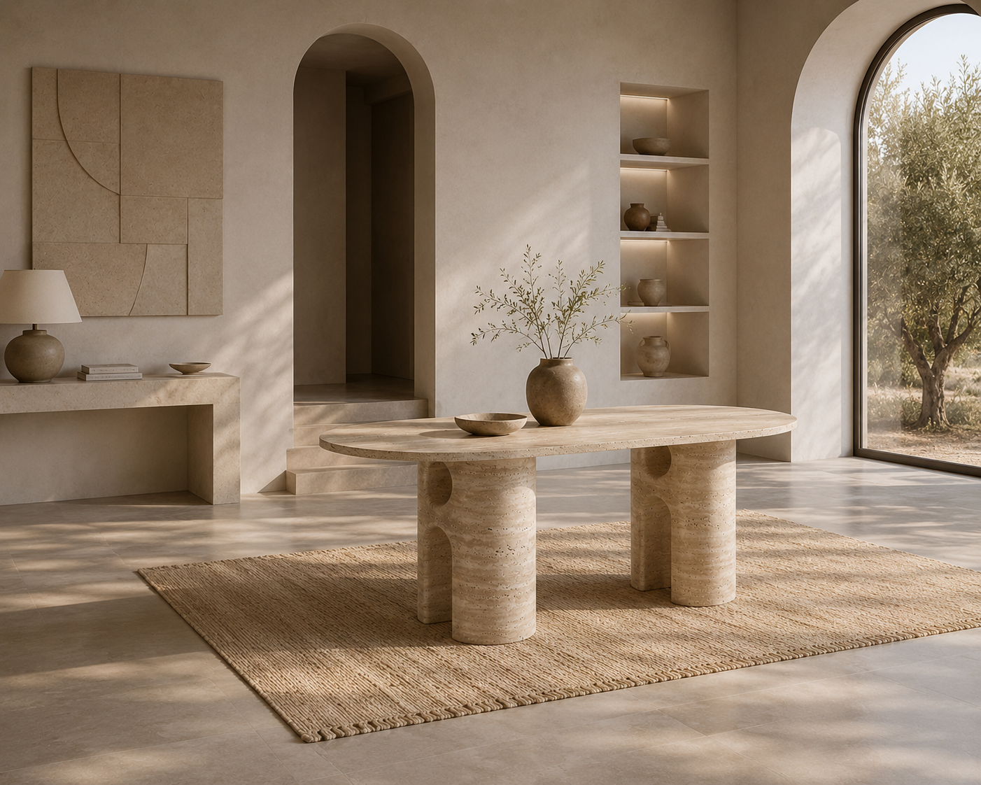 Sedona travertine dining table beside an arched window in a Mediterranean interior