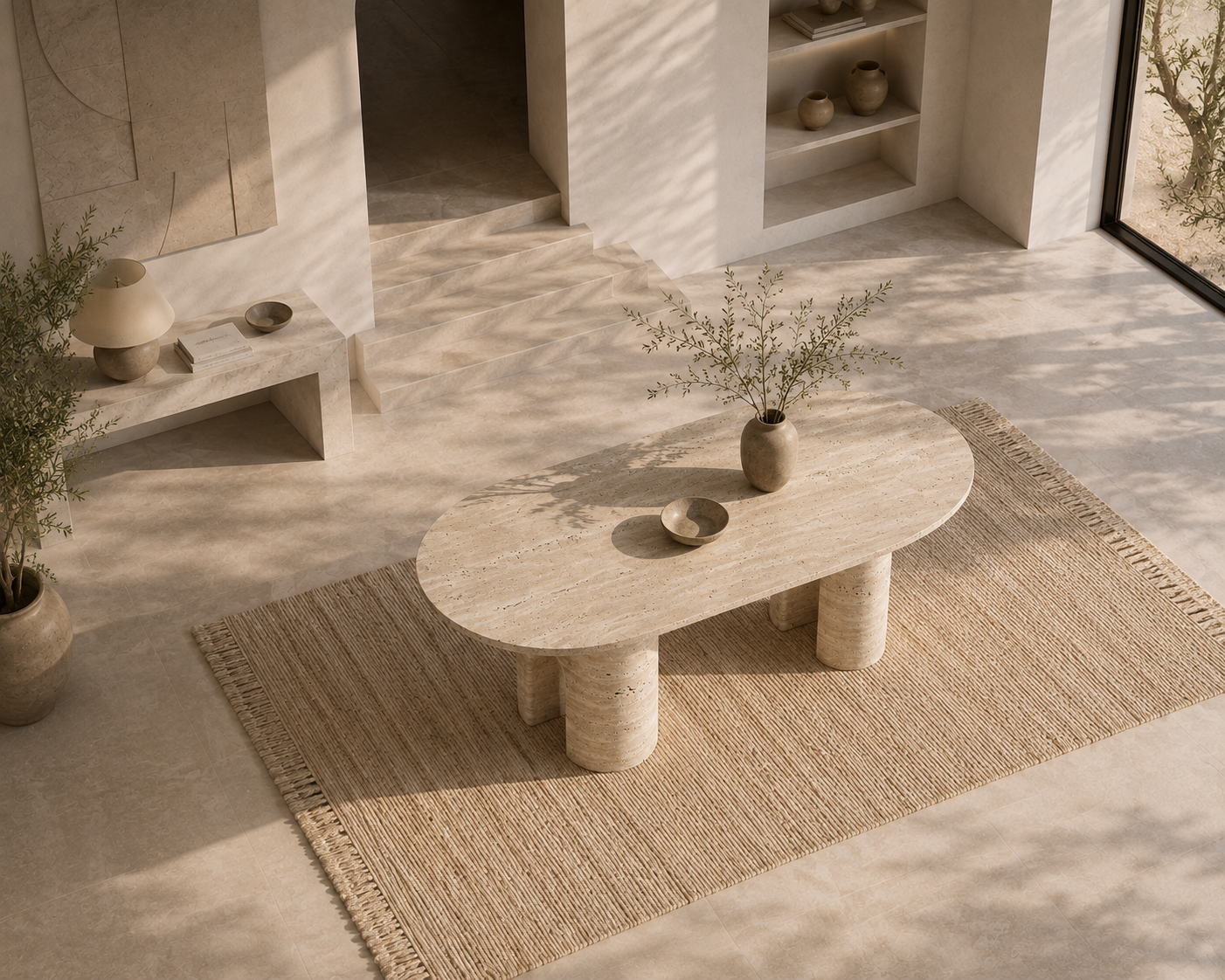 Sedona travertine dining table seen from above on a textured rug