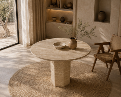 Nevada travertine round dining table in a bright dining room with a sideboard