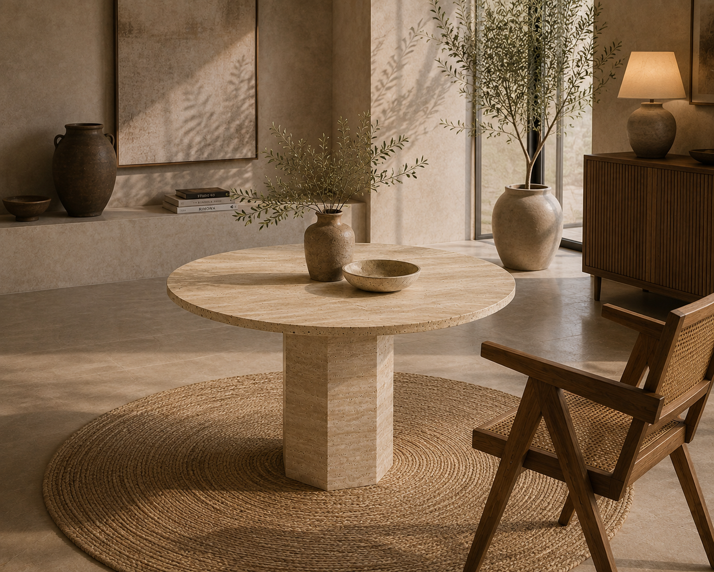 Nevada travertine round dining table beside a window with olive branches
