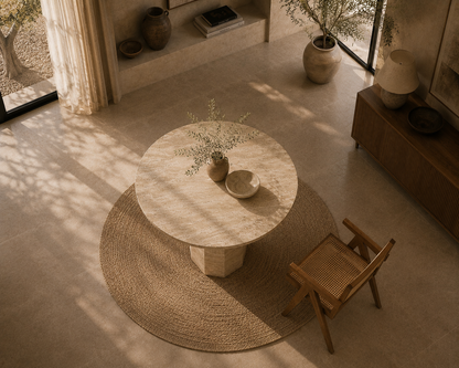 Nevada travertine round dining table seen from above on a round jute rug