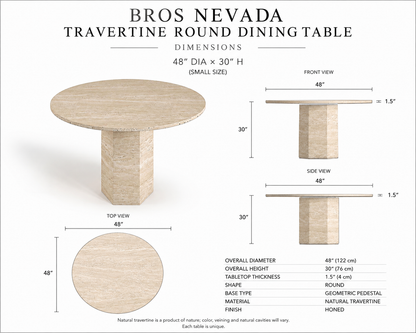 Nevada travertine round dining table dimension drawing: 48 in diameter, 30 in high, 1.5 in honed top