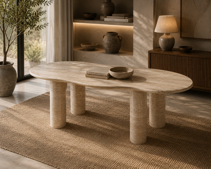 Malibu travertine dining table on a jute rug in a warm, neutral dining room