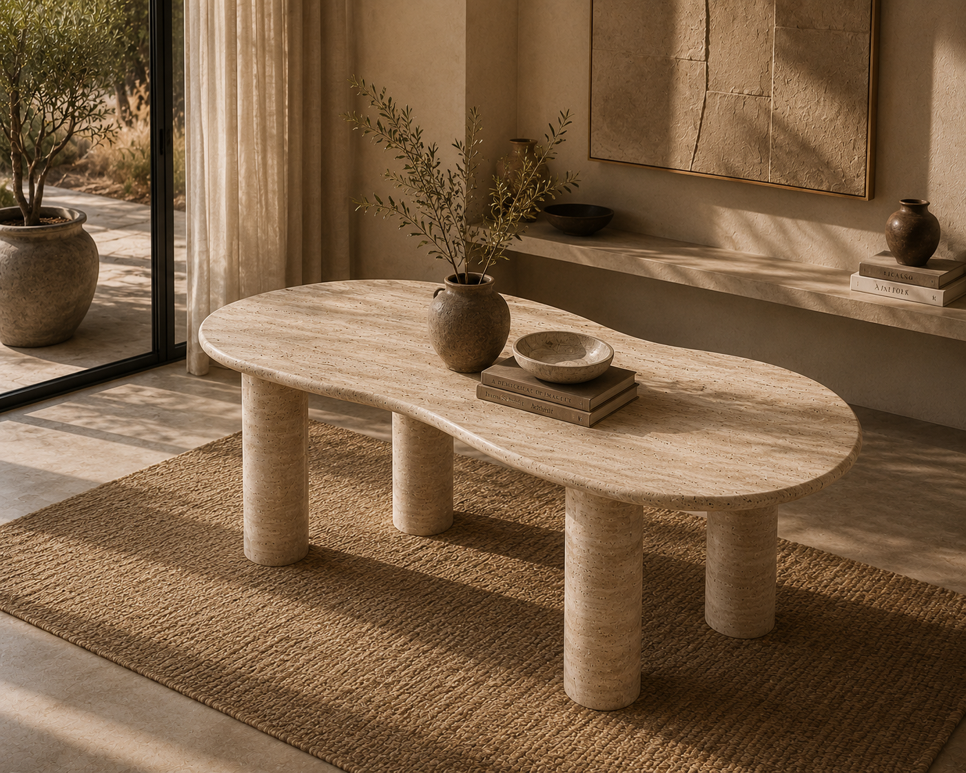 Malibu travertine dining table beside a window with a potted olive tree