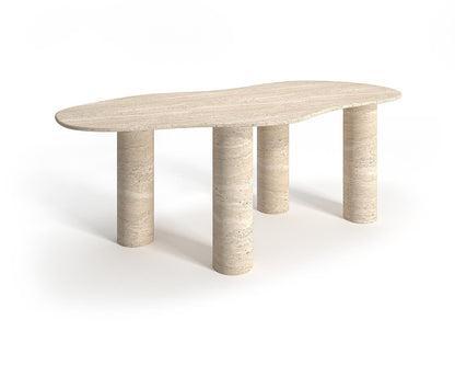 Malibu travertine dining table, studio view of the free-form top on four cylindrical stone legs