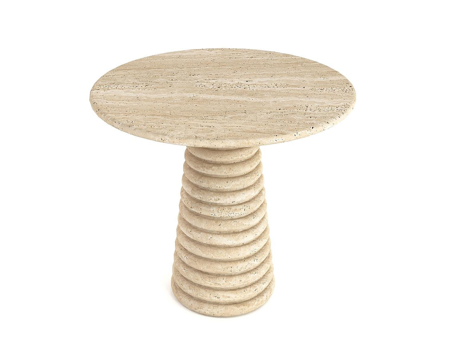 Palm Springs travertine round dining table, studio view of the ringed stone pedestal