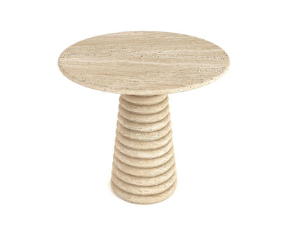 Palm Springs travertine round dining table, studio view of the ringed stone pedestal