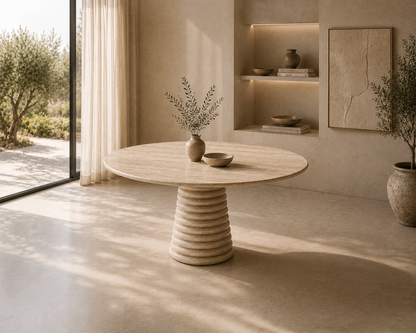 Palm Springs travertine round dining table in a sunlit room with a plaster wall