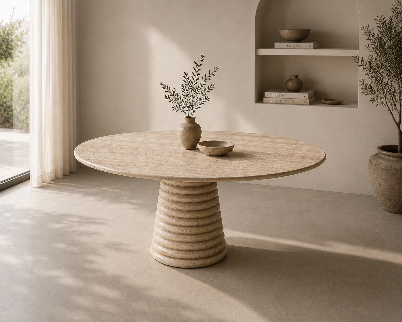Palm Springs travertine round dining table beside a tall window with linen curtains