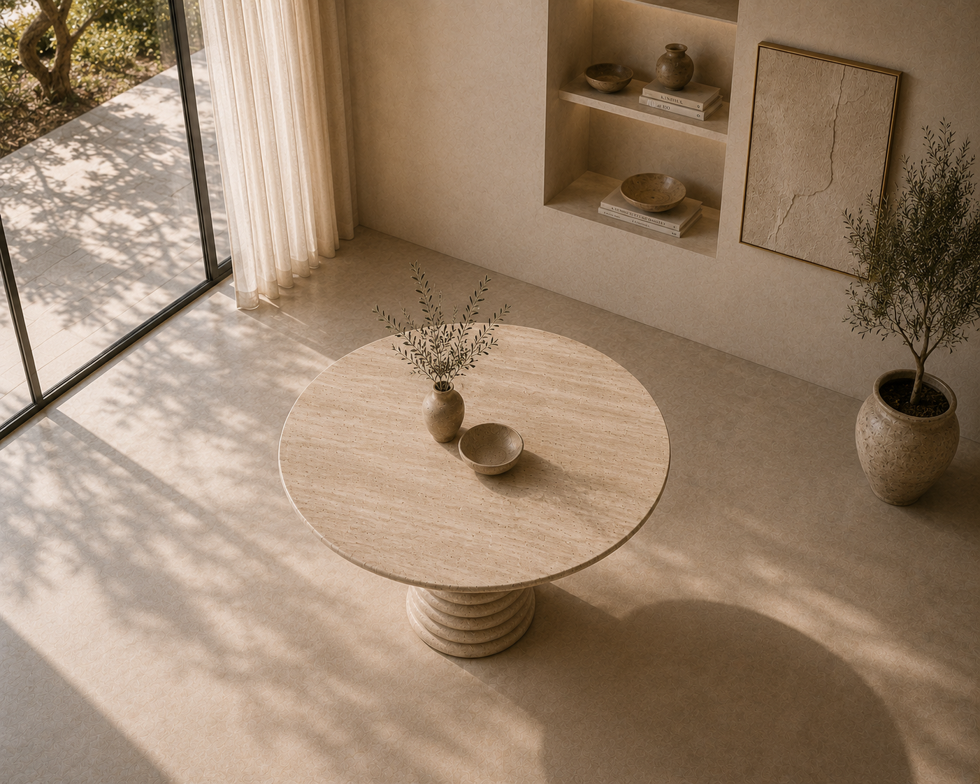 Palm Springs travertine round dining table seen from above, showing the honed beige top