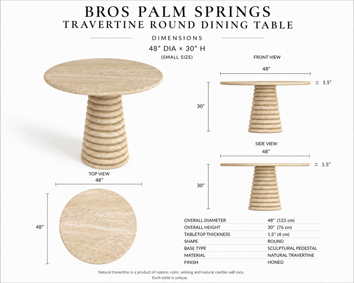 Palm Springs travertine round dining table dimension drawing: 48 in diameter, 30 in high, 1.5 in honed top