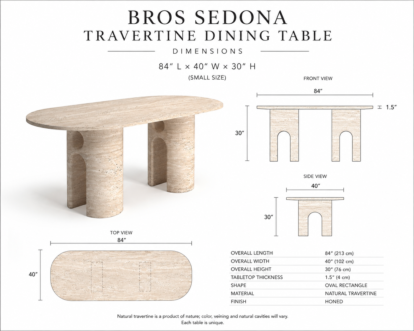 Sedona travertine dining table dimension drawing: 84 x 40 x 30 in, 1.5 in honed top, oval rectangle