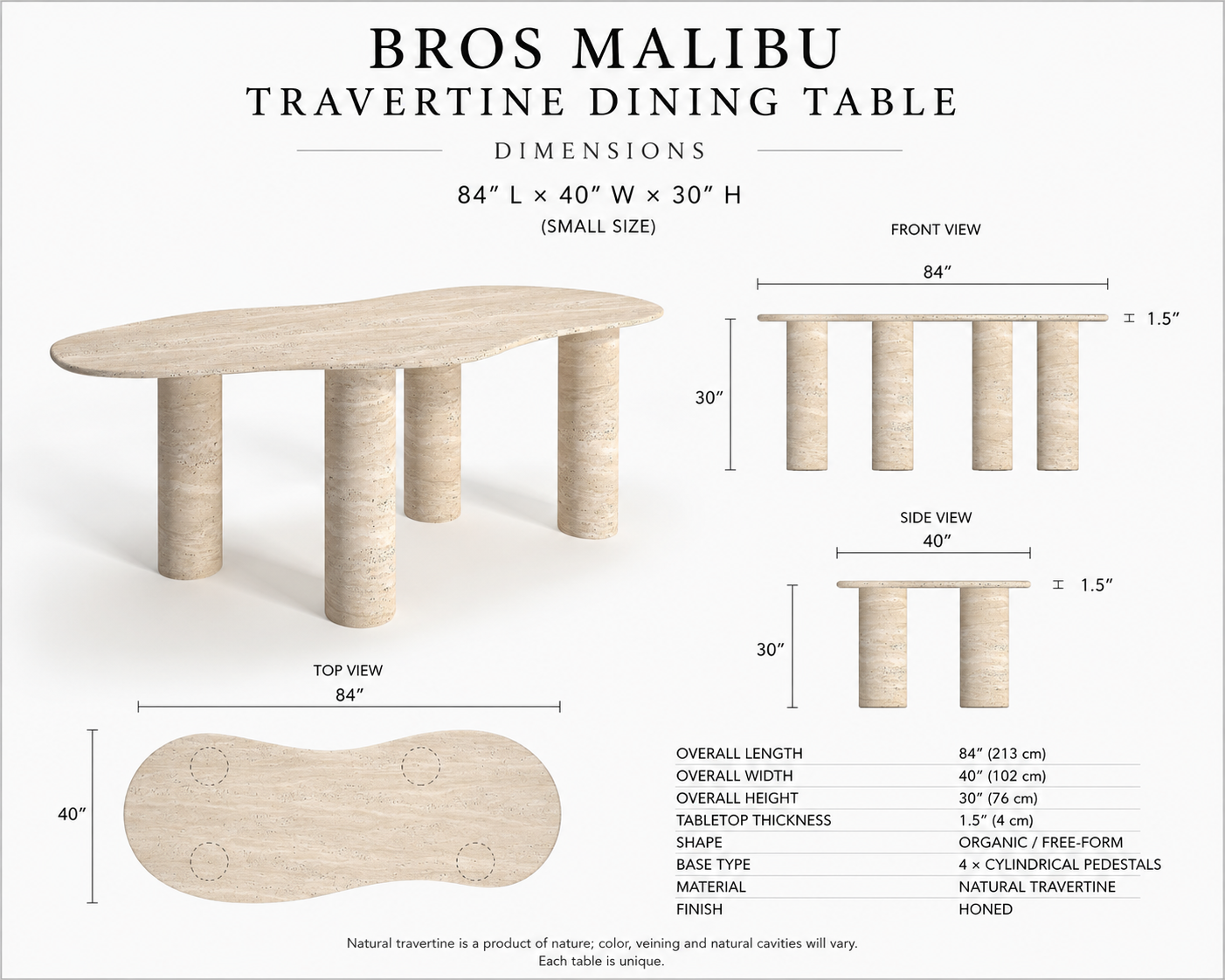Malibu travertine dining table dimension drawing: 84 x 40 x 30 in, 1.5 in honed top, four cylindrical pedestals