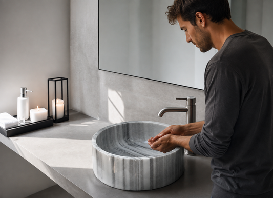 Gray Marmara Cylinder Vessel Sink in natural marble — shown installed on a bathroom vanity