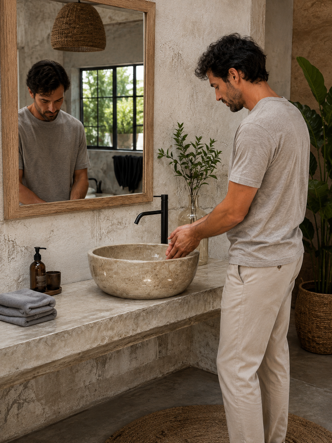 Beige Marble Round Vessel Sink — shown installed on a bathroom vanity
