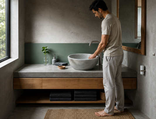 Light Beige Deep Vessel Sink in natural marble — shown installed on a bathroom vanity