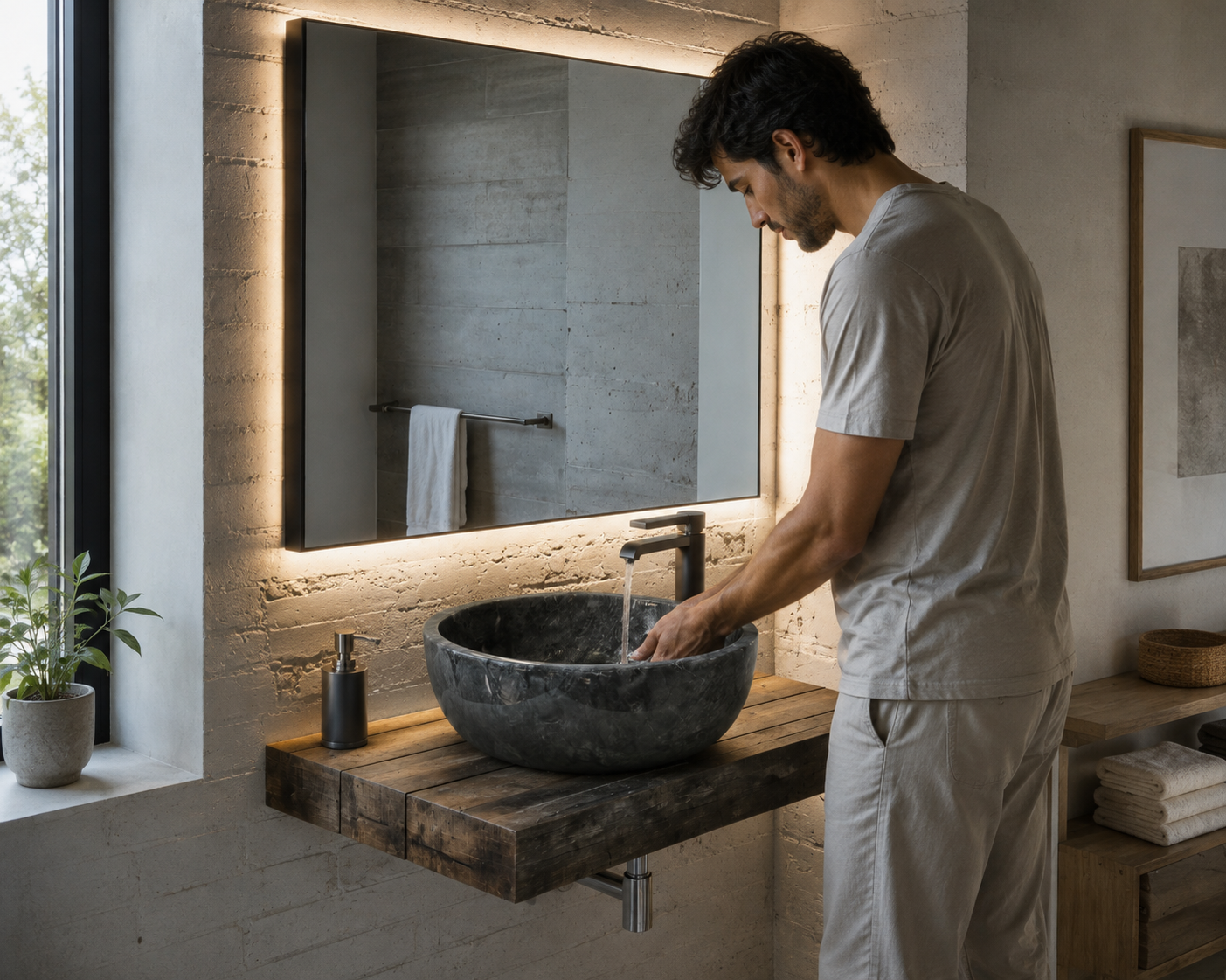 Dark Grey Marble Vessel Sink — shown installed on a bathroom vanity