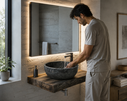 Dark Grey Marble Vessel Sink — shown installed on a bathroom vanity