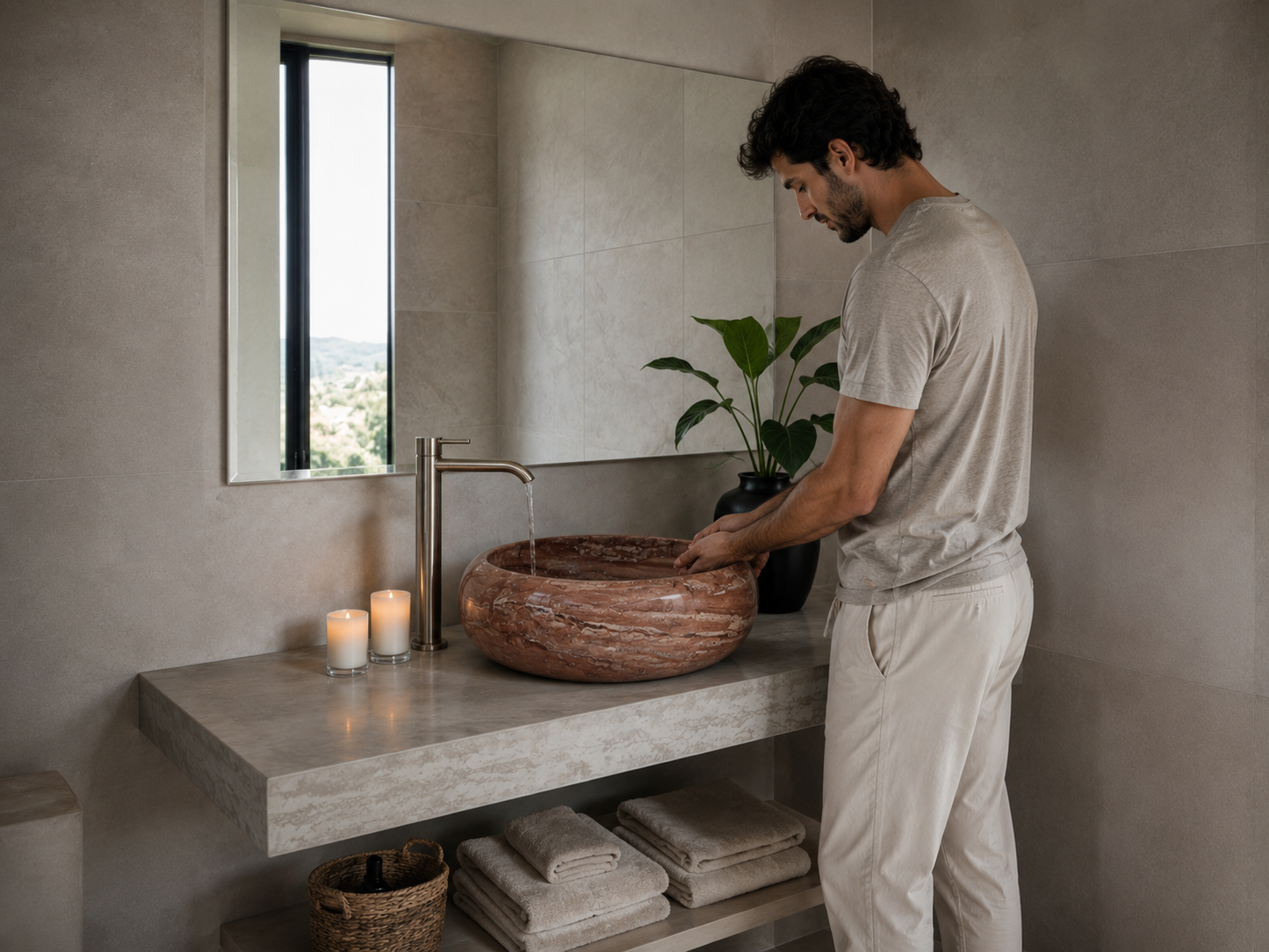 Red Travertine Vessel Sink — shown installed on a bathroom vanity