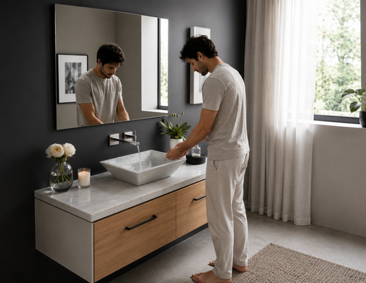 Beige Marble Rectangular Vessel Sink — shown installed on a bathroom vanity
