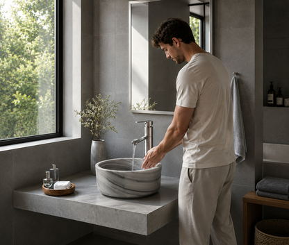 Gray Marmara Cylinder Vessel Sink in natural marble — shown installed on a bathroom vanity