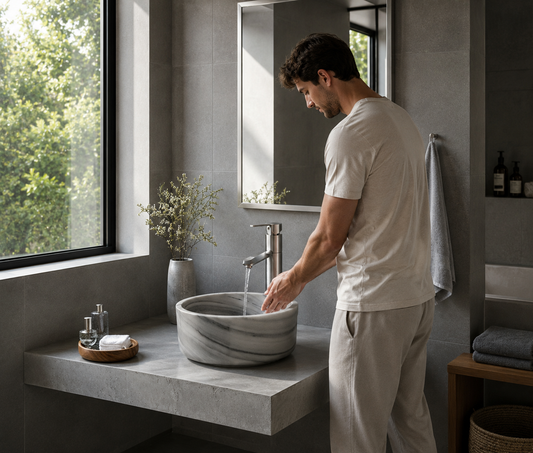 Gray Marmara Cylinder Vessel Sink in natural marble — shown installed on a bathroom vanity