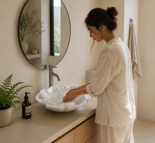 Flower White Marble Vessel Sink — shown installed on a bathroom vanity