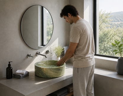 Green Marble Vessel Sink — shown installed on a bathroom vanity