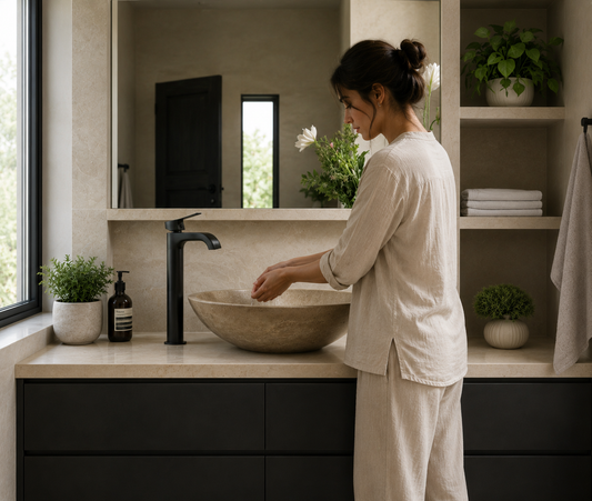 Brown Mocha Travertine Vessel Sink — shown installed on a bathroom vanity