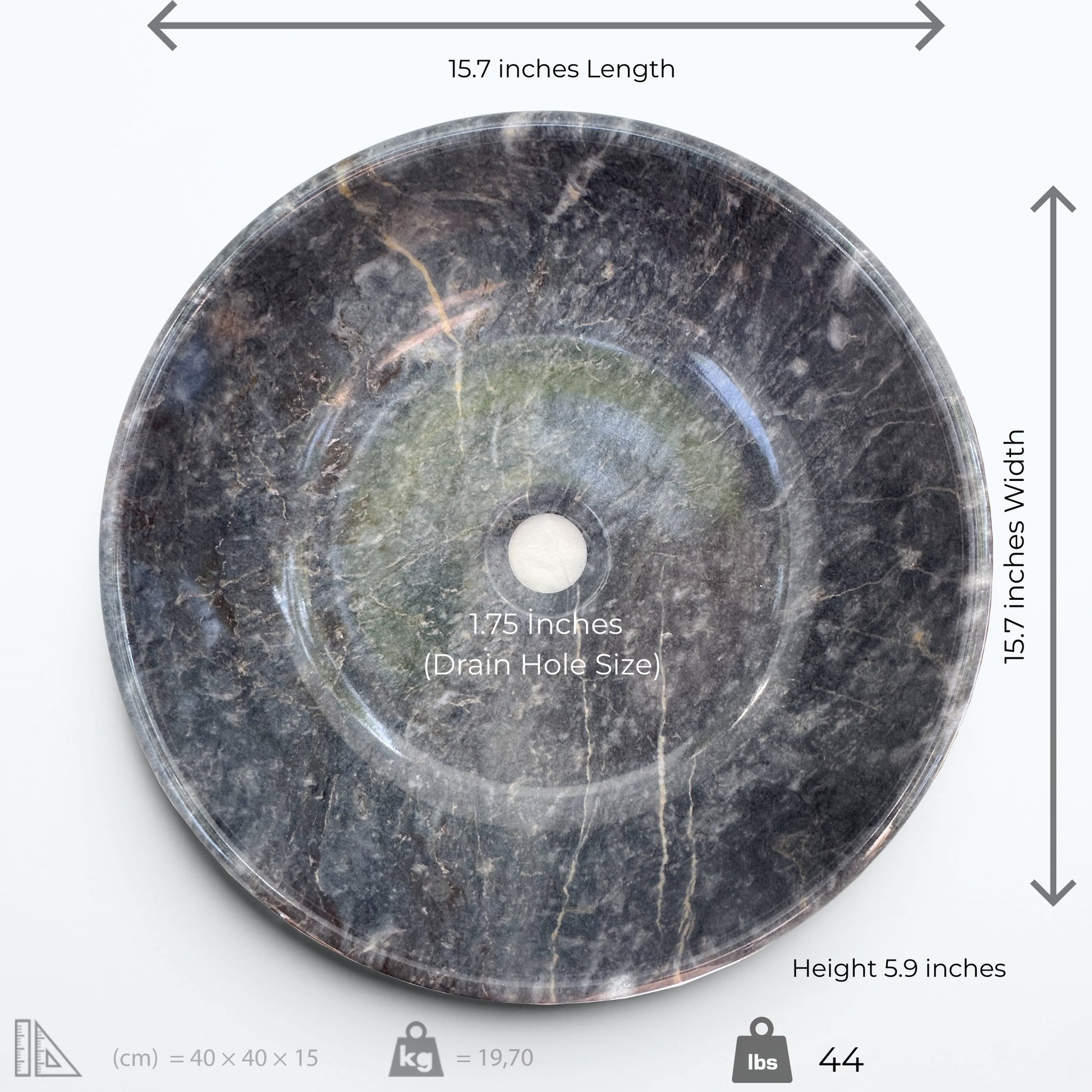 Blue marble vessel sink, 15.7" diameter, 5.9" height, featuring natural veining and drain hole size of 1.75".