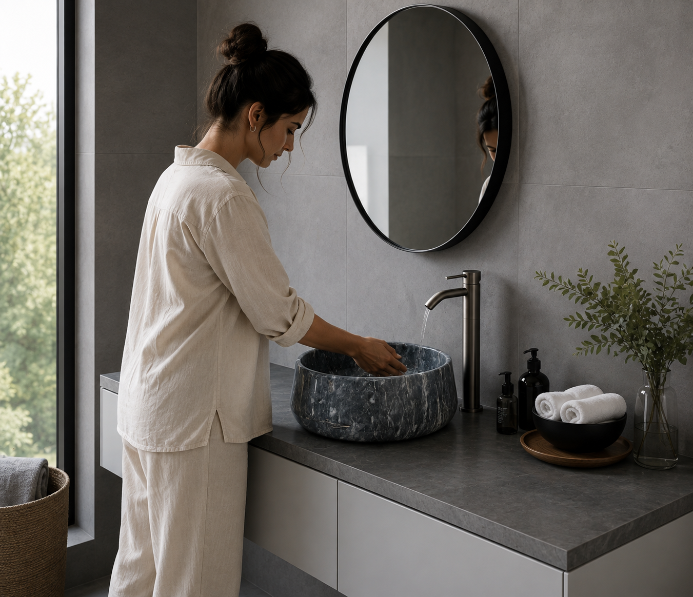 Blue Marble Vessel Sink — shown installed on a bathroom vanity