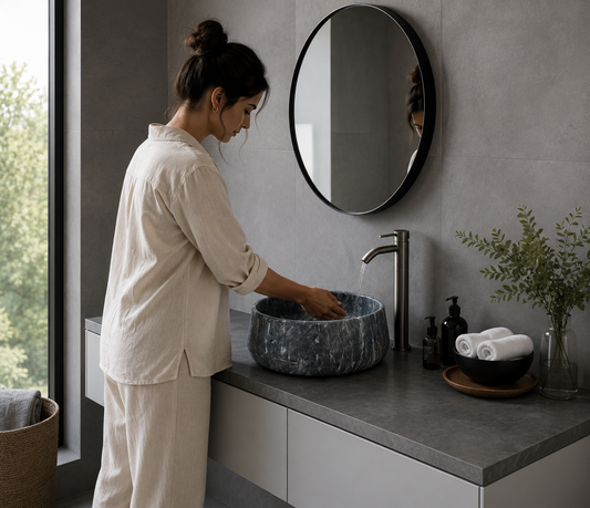 Blue Marble Vessel Sink — shown installed on a bathroom vanity