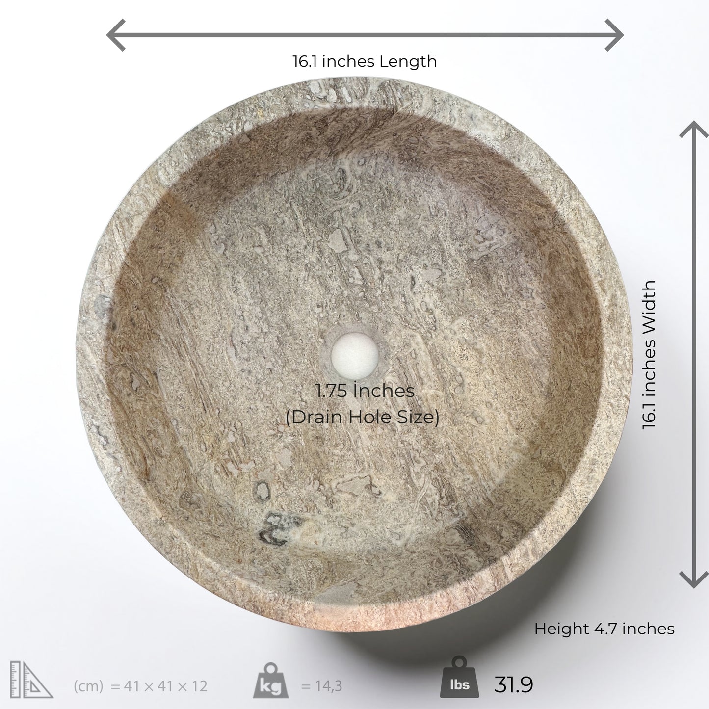 Top view of Dark Travertine Round Vessel Sink with dimensions: 16.1" length, 16.1" width, 4.7" height, 1.75" drain hole.
