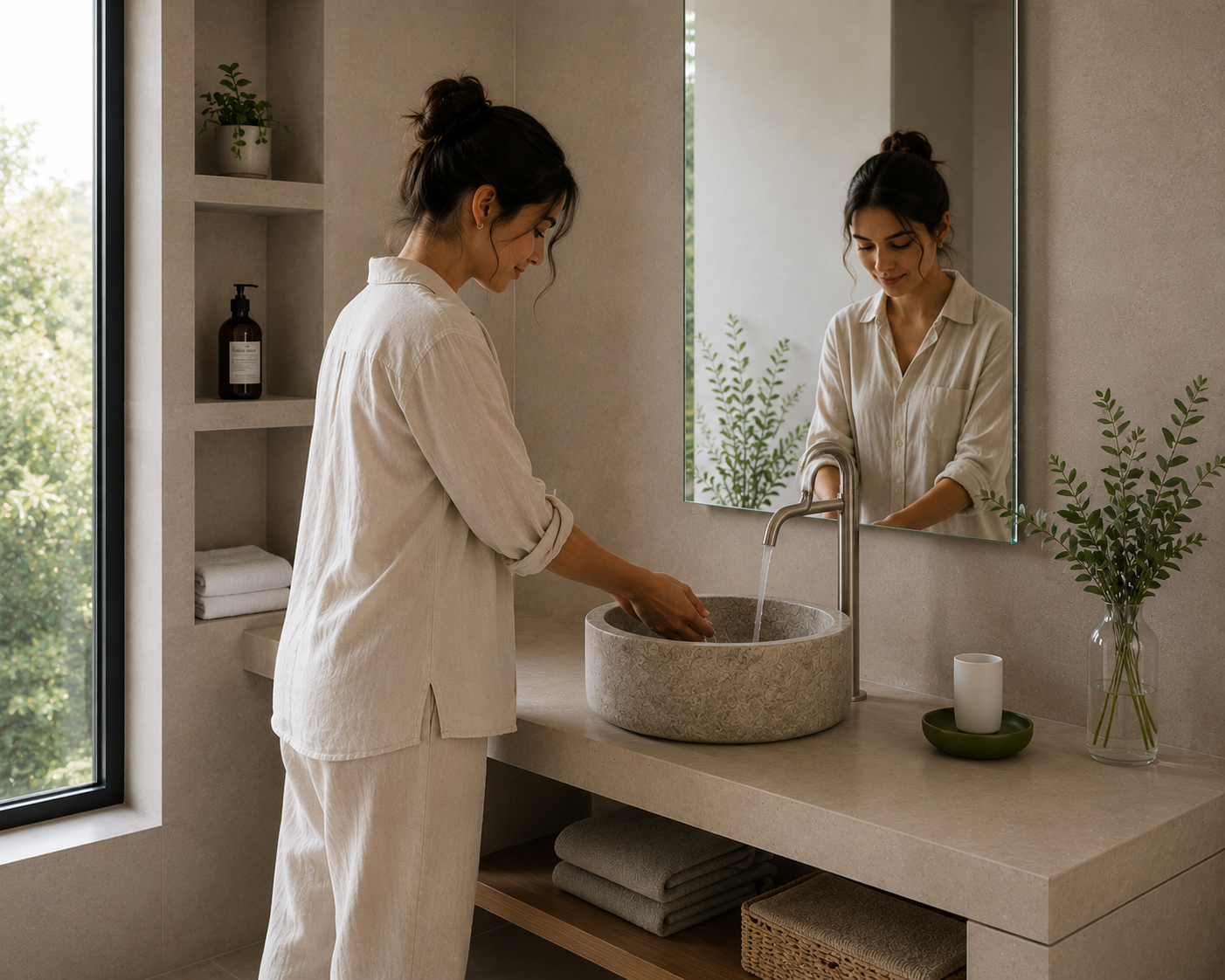 Brown Dark Travertine Vessel Sink — shown installed on a bathroom vanity