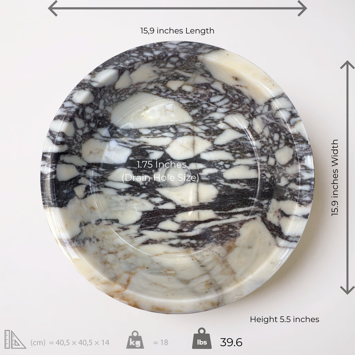 Viola Marble Sink dimensions showing polished surface with unique violet and white veining, 15.9" length, 5.5" height.