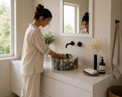 White Viola Marble Vessel Sink — shown installed on a bathroom vanity