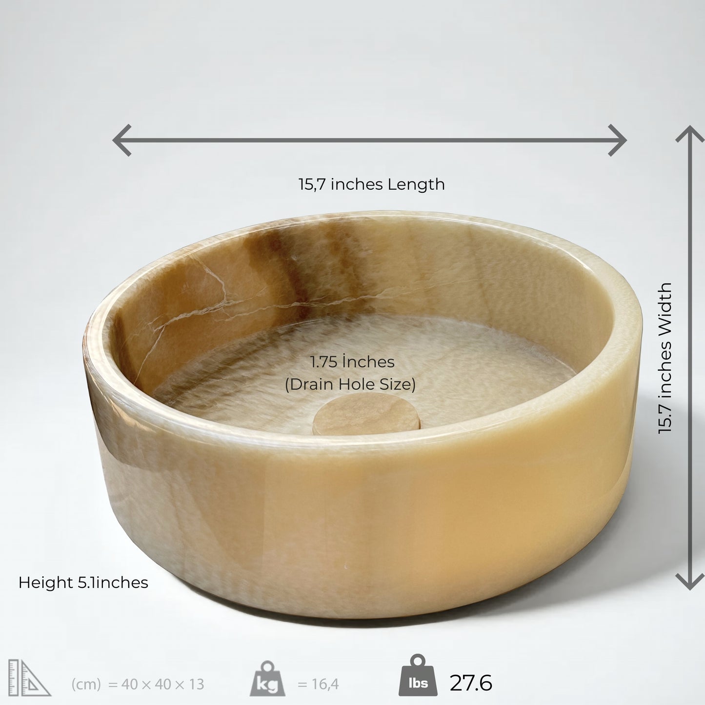 Honey onyx marble vessel sink with dimensions, showcasing warm tones and elegant design, ideal for luxurious bathrooms.