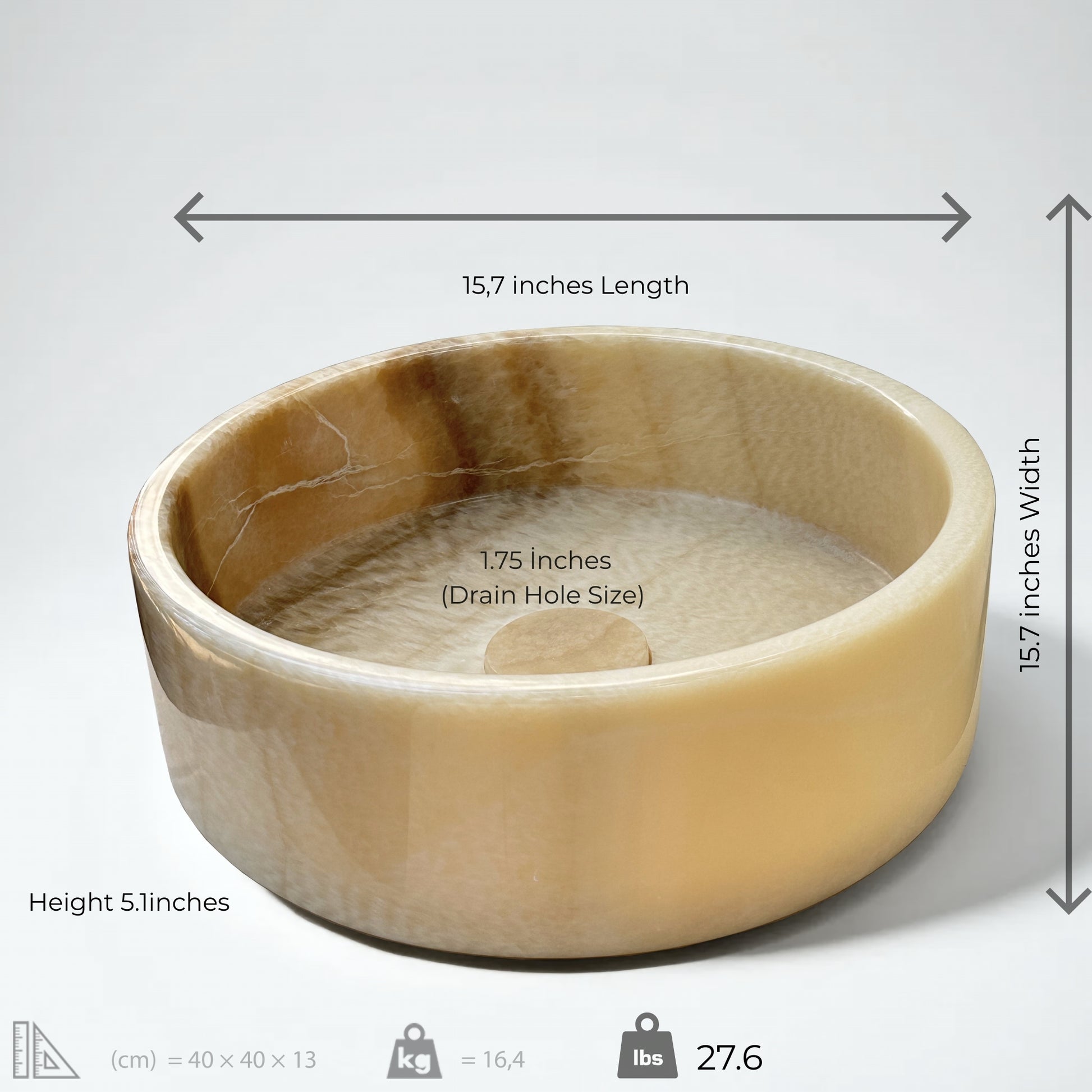 Honey onyx marble vessel sink with dimensions, showcasing warm tones and elegant design, ideal for luxurious bathrooms.