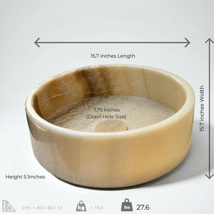 Honey onyx marble vessel sink with dimensions, showcasing warm tones and elegant design, ideal for luxurious bathrooms.