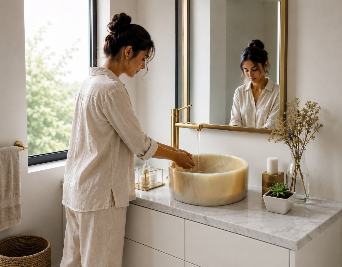Gold Honey Onyx Vessel Sink — shown installed on a bathroom vanity