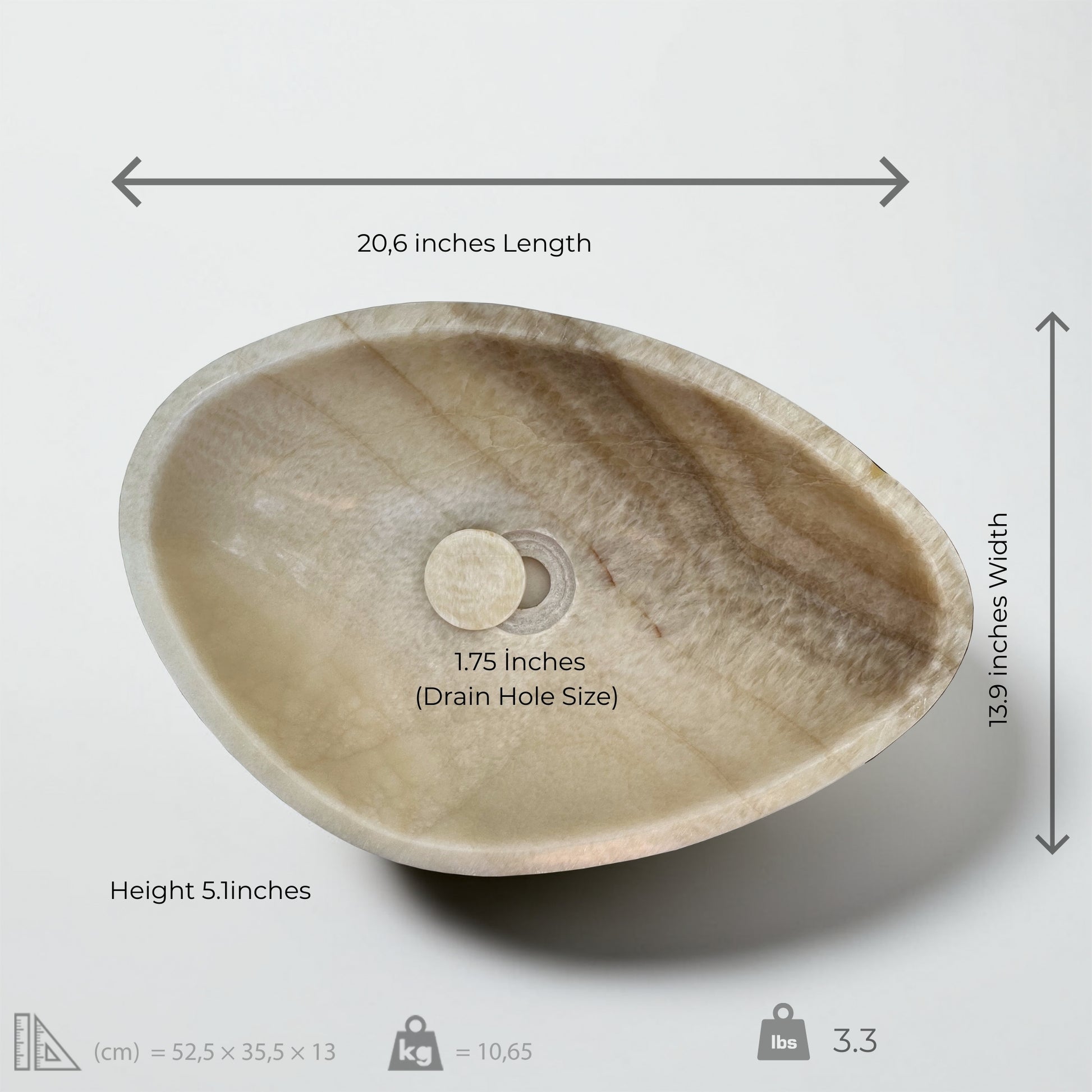 Honey Onyx marble vessel sink showing measurements and drain hole size for luxury bathroom decor.