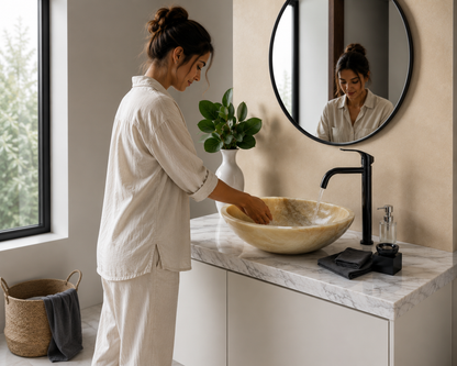Gold Honey Onyx Rectangular Vessel Sink — shown installed on a bathroom vanity