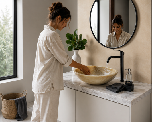Gold Honey Onyx Rectangular Vessel Sink — shown installed on a bathroom vanity