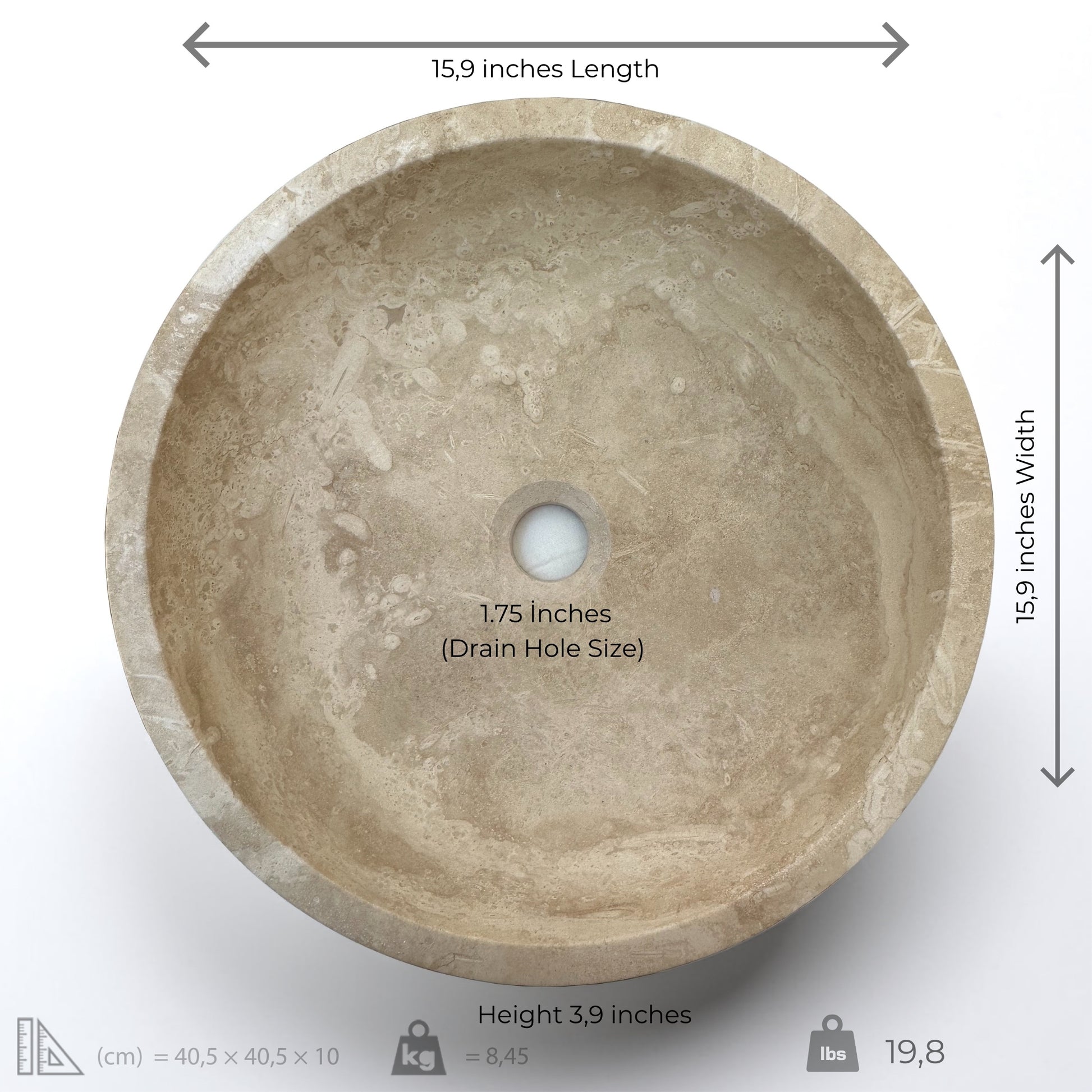 Light Travertine Round Vessel Sink, 15.9" diameter, 1.75" drain hole size, elegant natural stone design.