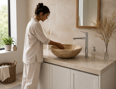 Beige Light Travertine Vessel Sink — shown installed on a bathroom vanity